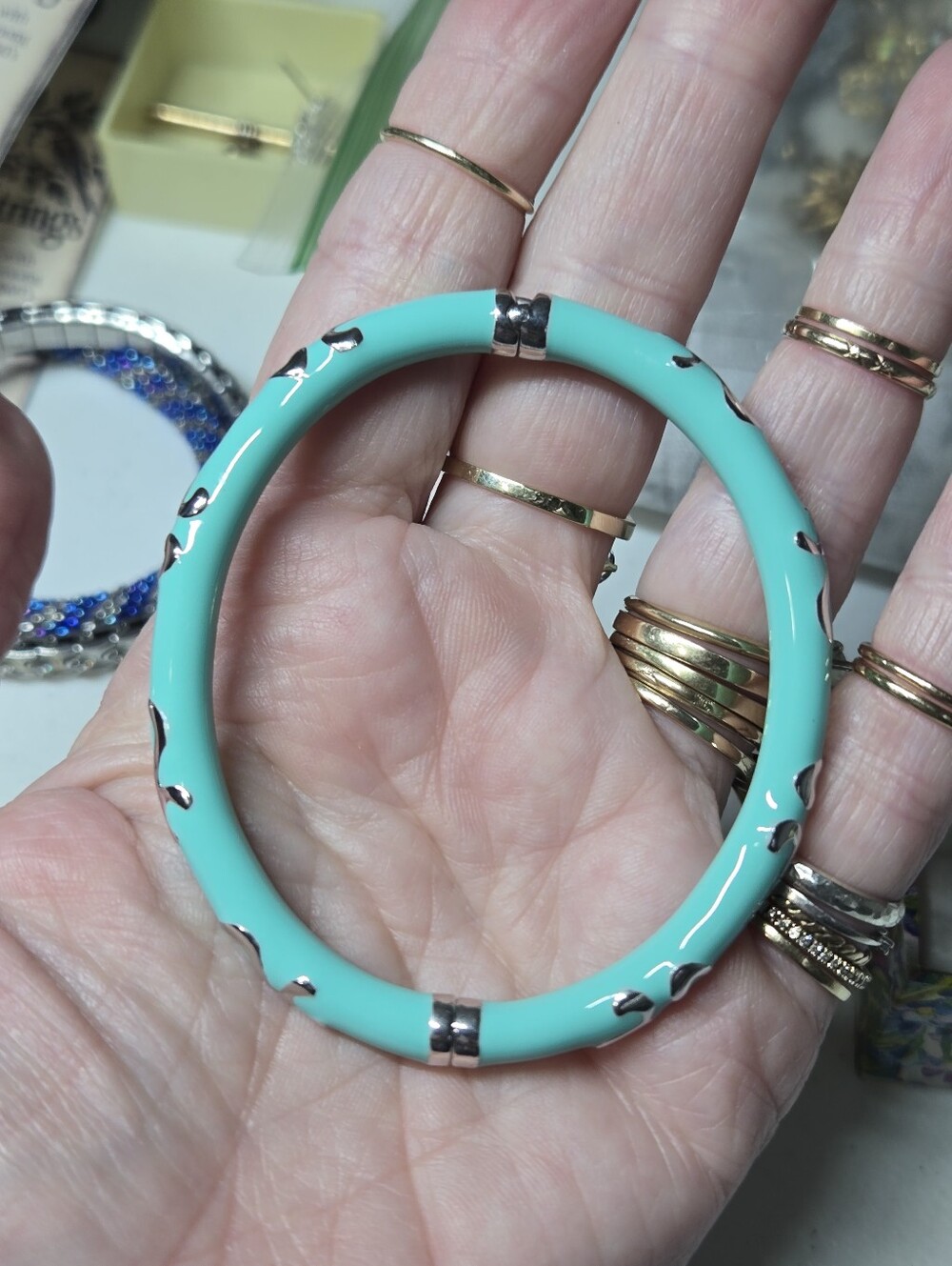 Turquoise Enamel Sterling Silver Hinged Bangle Bracelet